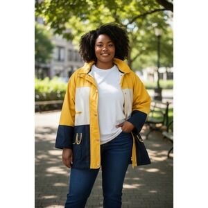 Vintage J.G. Hook Colorblock Sailing Jacket Yellow Navy White 2X Stowaway Hood